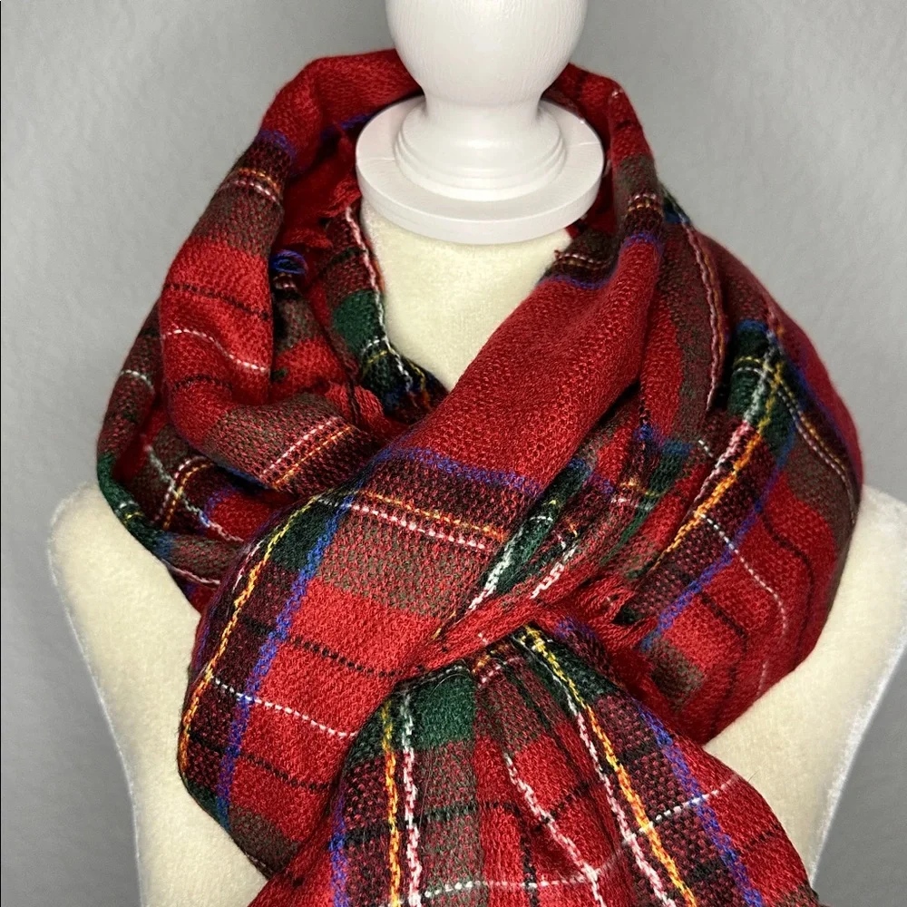 Red Plaid Tartan Fraas Blanket Scarf 78”x39” Winter